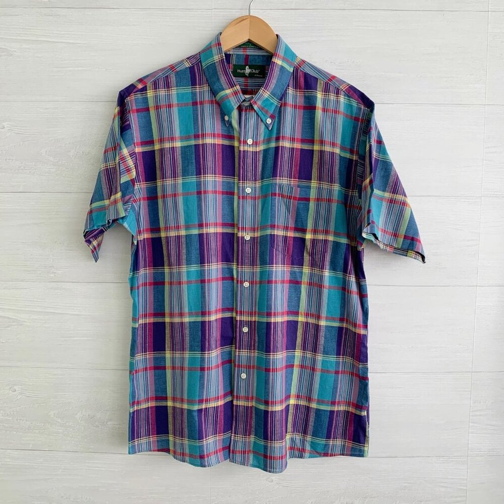 Vintage Hunt Club JCPenney blue purple plaid short sleeve cotton button-down L